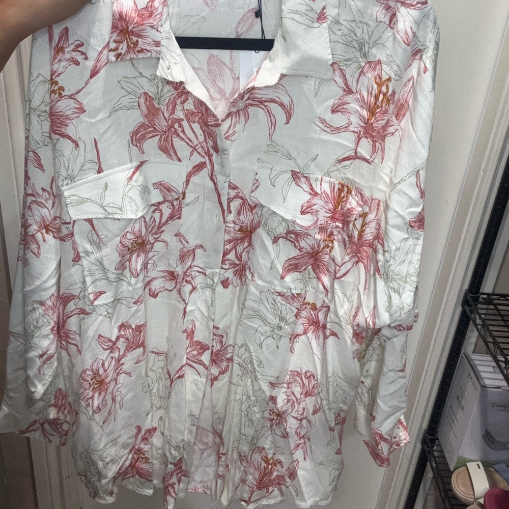 Zara White and Pink Floral Button Down Shirt